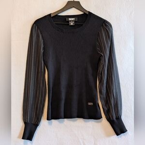 DKNY Black Ribbed Blouse Sheer Striped Sleeves Medium Party Work Lady's Sexy